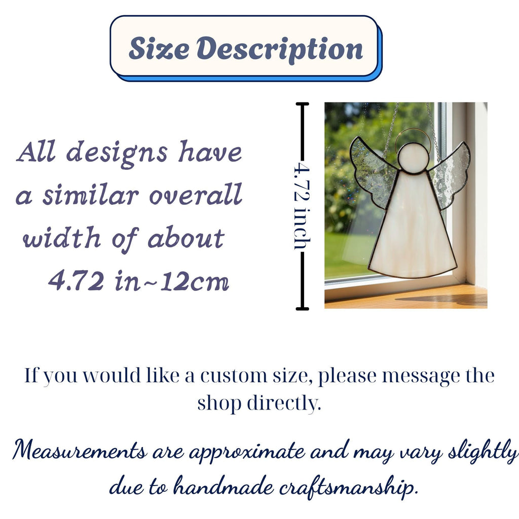 Product size chart for stained glass angel ornament handmade with care and precision.