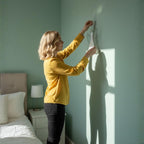 Minimalist stained glass angel placed by window for calm, elegant home decoration.