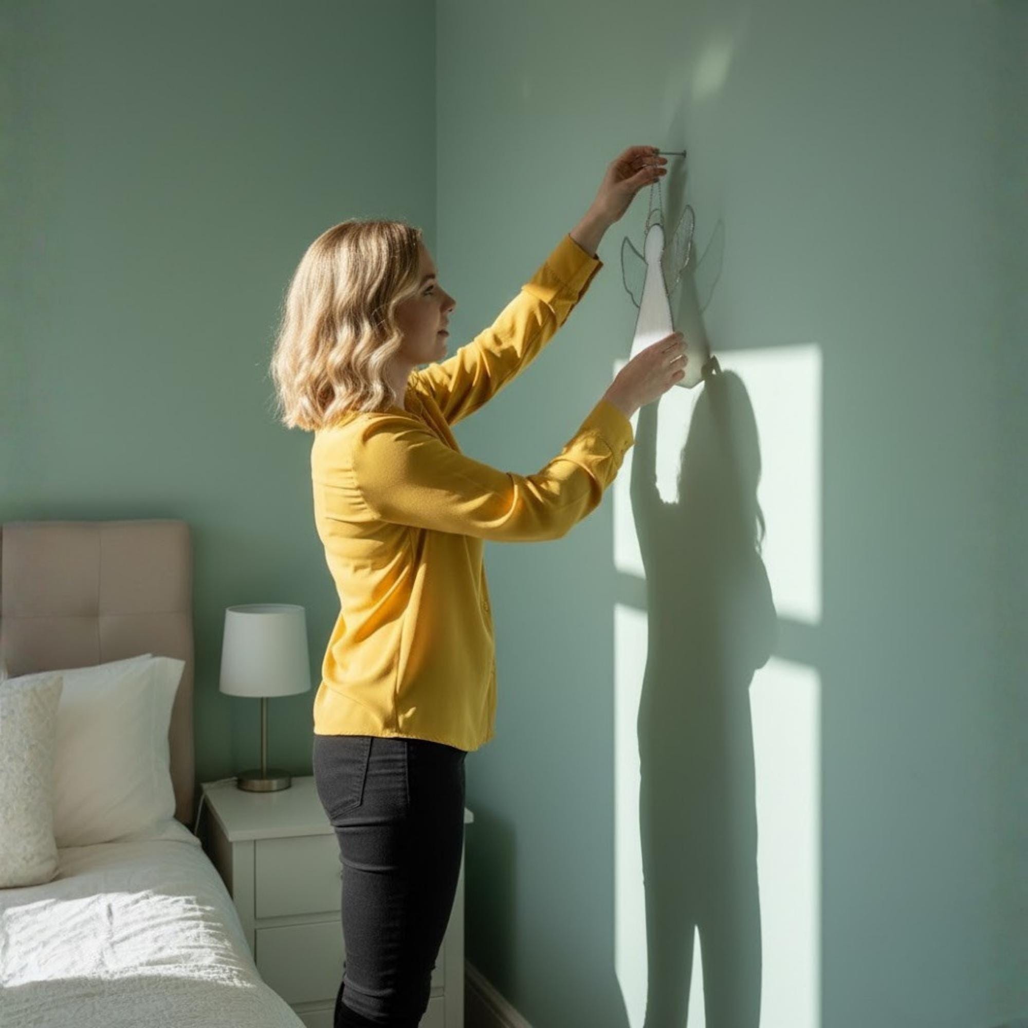 Minimalist stained glass angel placed by window for calm, elegant home decoration.