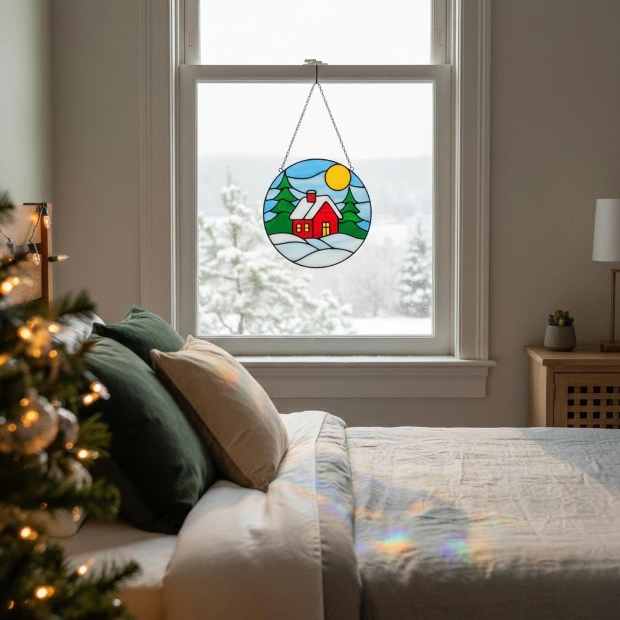 Winter cottage stained glass suncatcher glowing in morning light, handmade snowy home decoration.