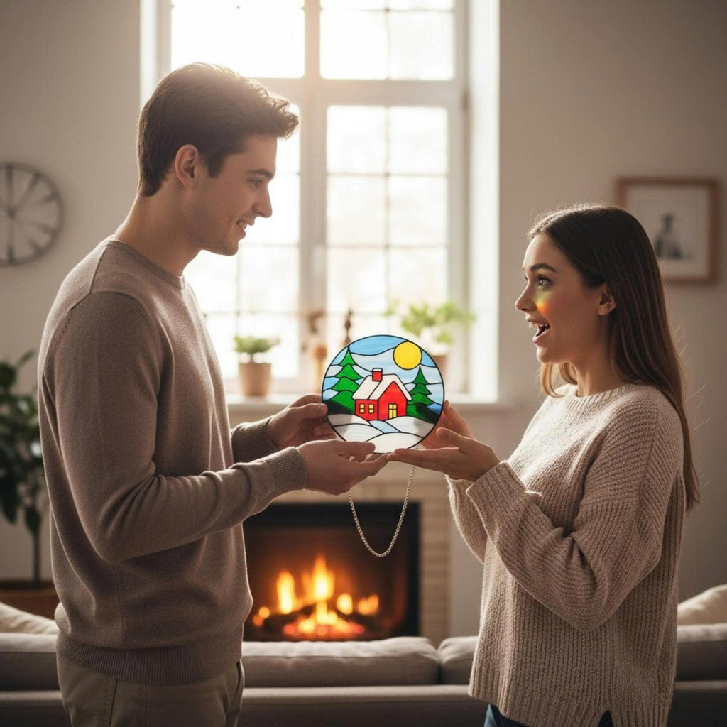 Couple exchanging handmade stained glass snow house ornament as a warm Christmas gift near fireplace.