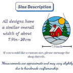 Size description card showing 7.9 inch stained glass winter cottage suncatcher for home decor.
