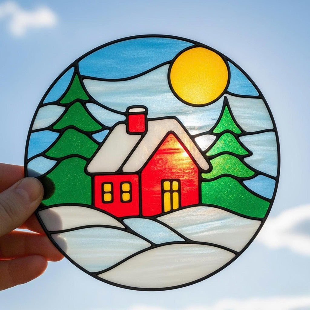 Close-up of handmade red cottage stained glass ornament with pine trees and snow scene.