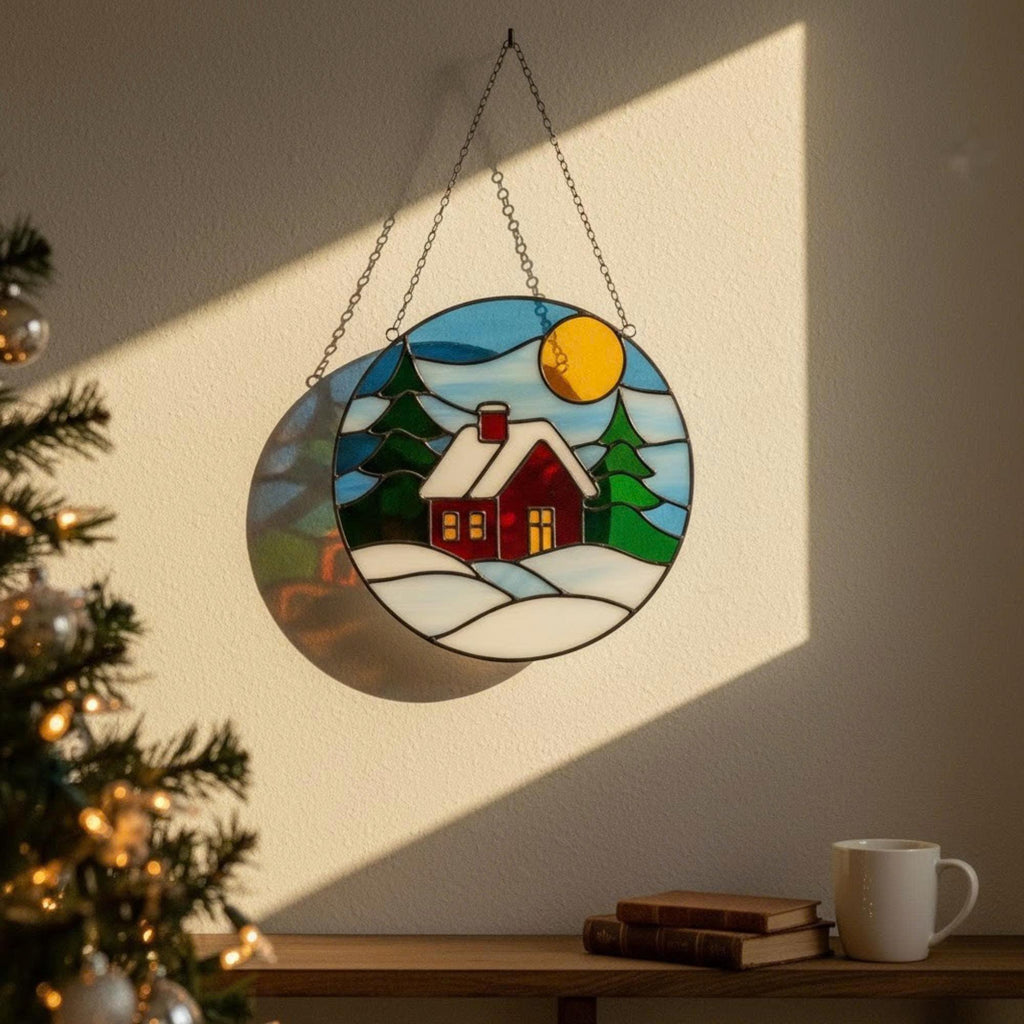 Winter cottage stained glass suncatcher hanging on snowy window, handmade Christmas home decor glowing with warm light.