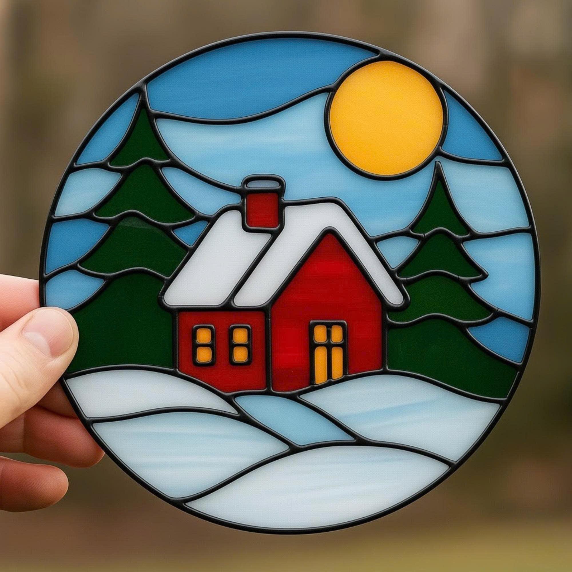 Detailed shot of stained glass winter cottage with golden sun and snow, handmade Christmas suncatcher.