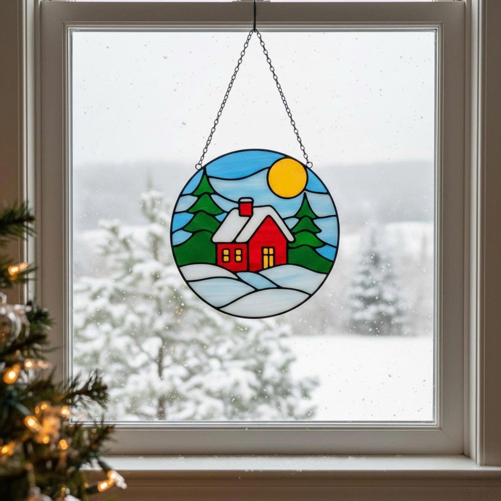 Handmade stained glass cottage glowing in living room window, peaceful winter home decoration.
