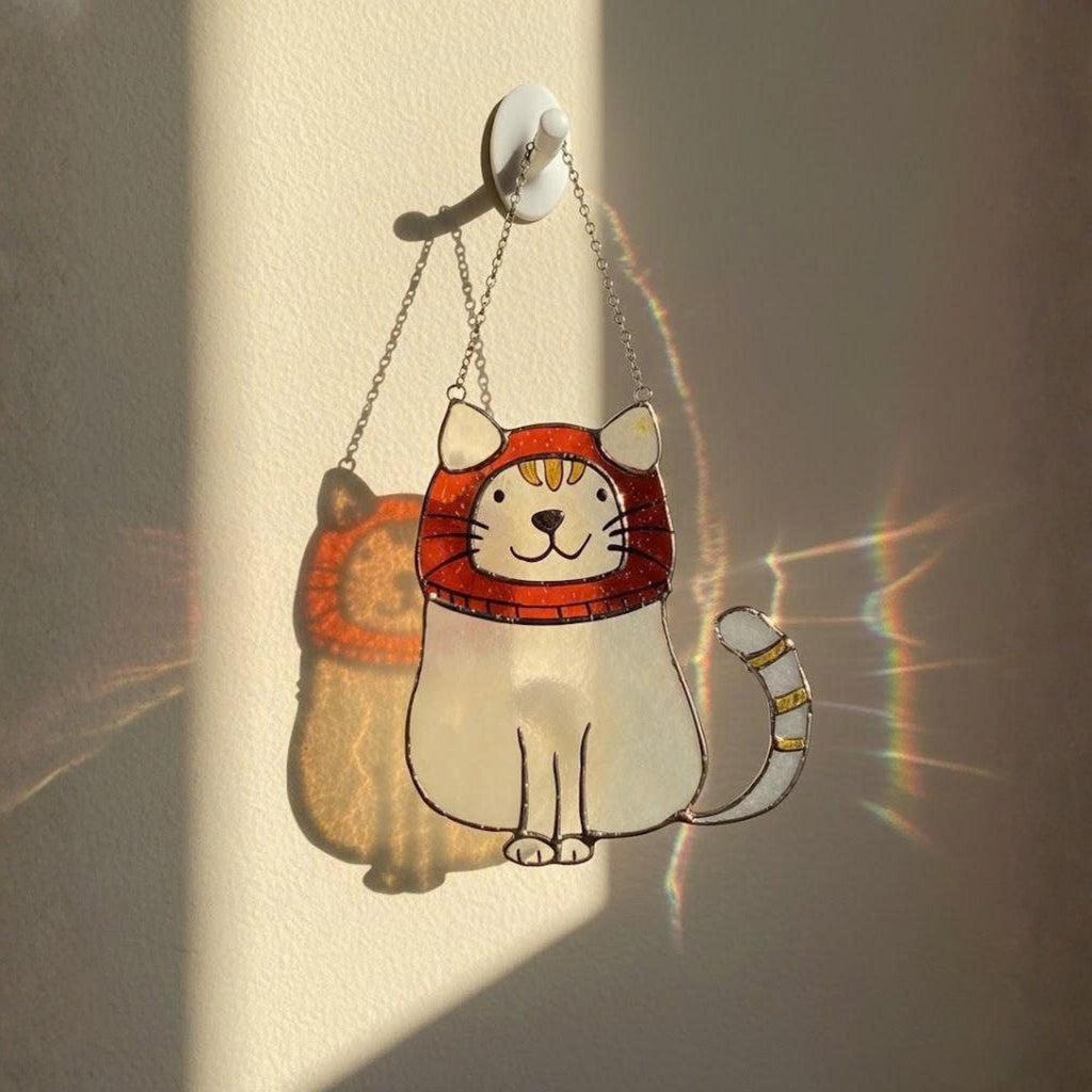 Smiling Christmas cat stained glass ornament, handmade holiday suncatcher perfect gift for cat lovers