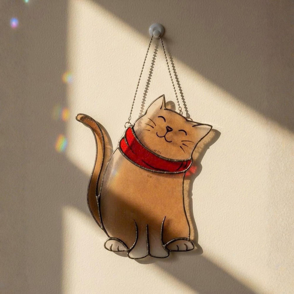 Cute cat sleeping in chimney stained glass Christmas ornament, handmade suncatcher holiday window decoration for pet lovers