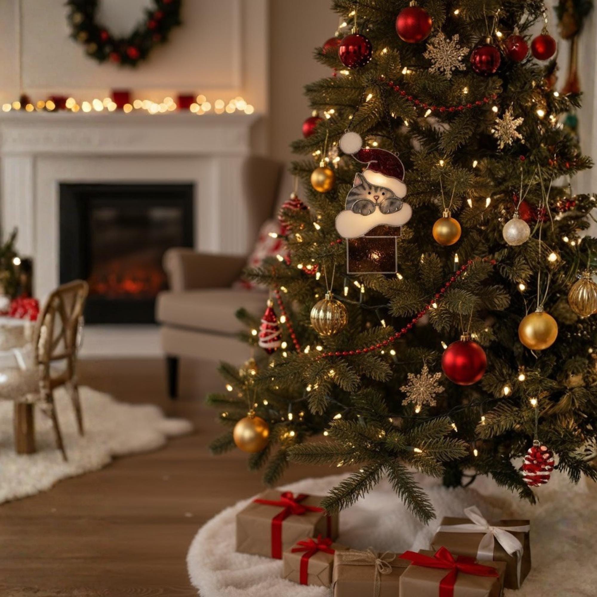 Christmas cat stained glass ornament hanging on open window, handmade holiday decoration with sunlight reflection