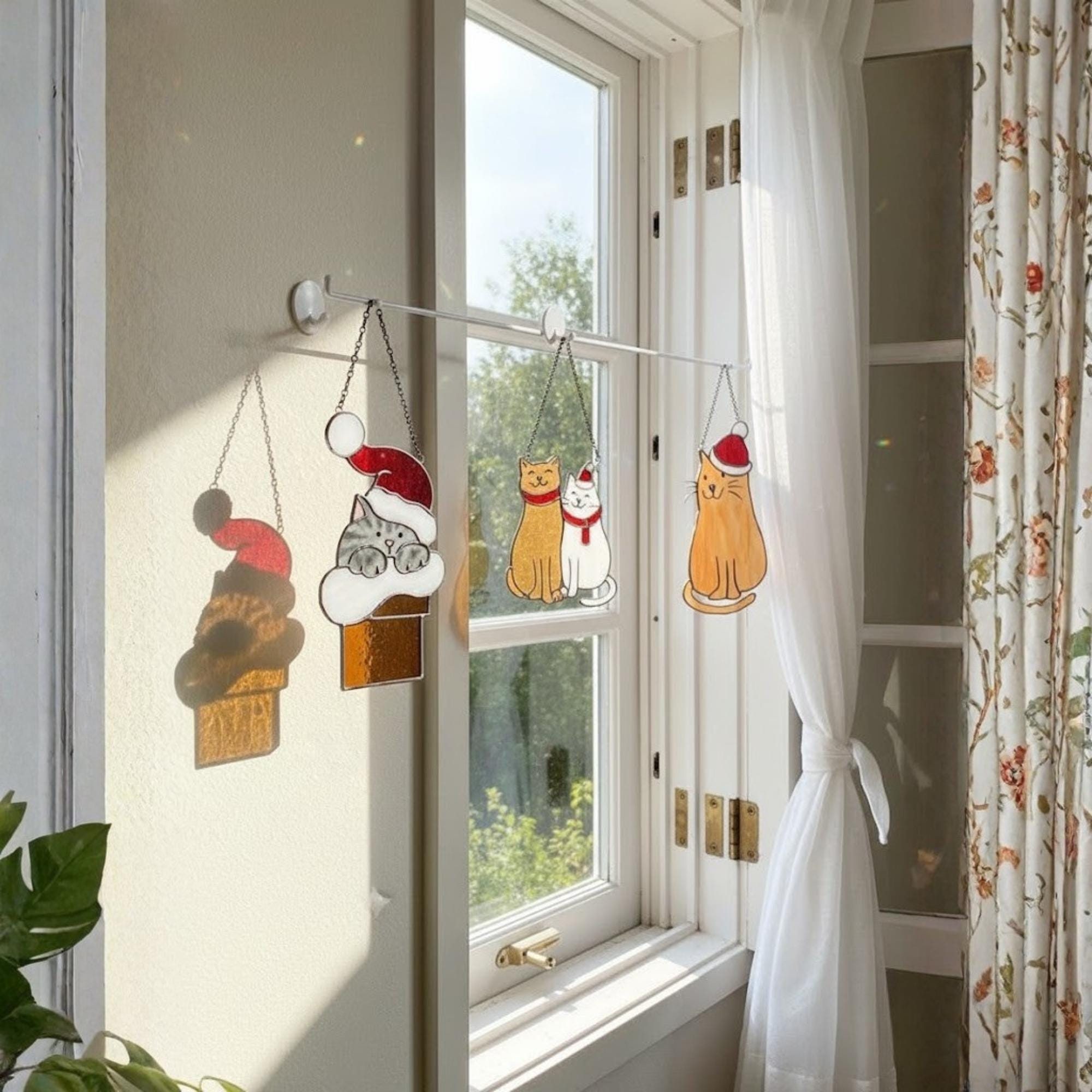 Handmade stained glass cats with Santa hats, Christmas pet ornament gift for cat lovers and winter home decoration