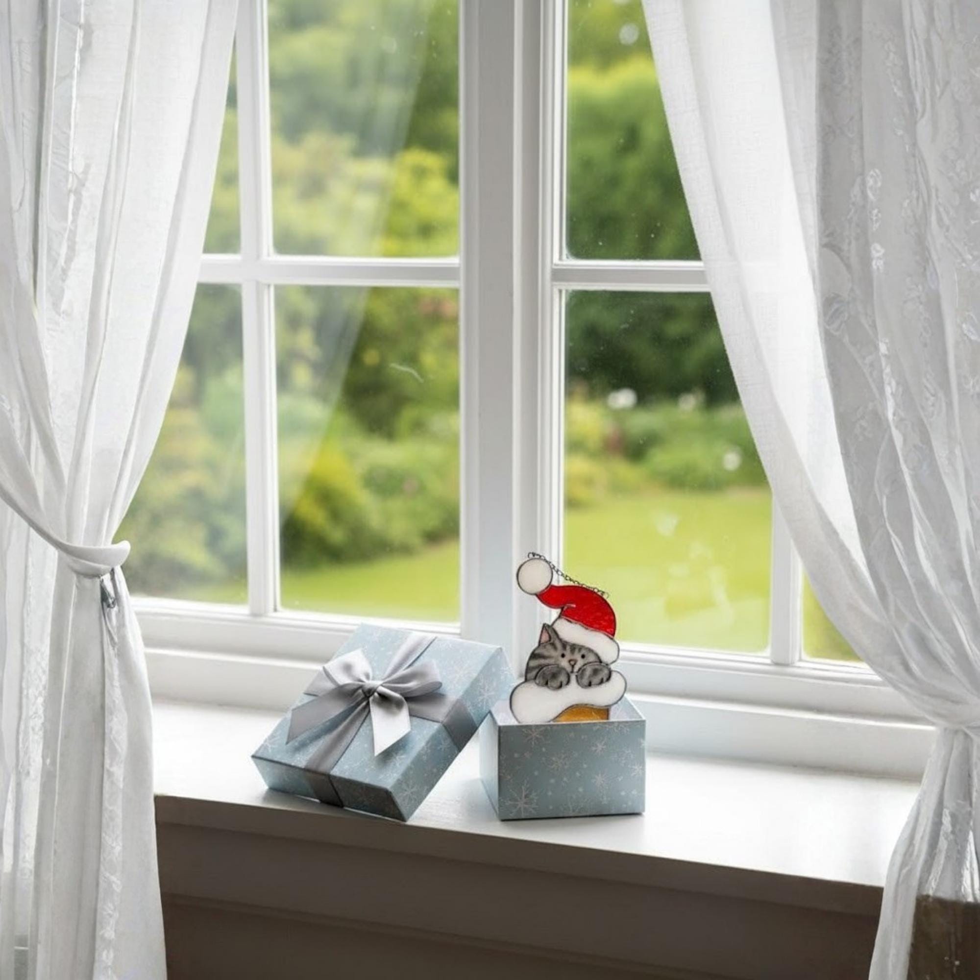 Couple decorating home with handmade Christmas stained glass cat suncatcher, cozy winter window home decor gift idea