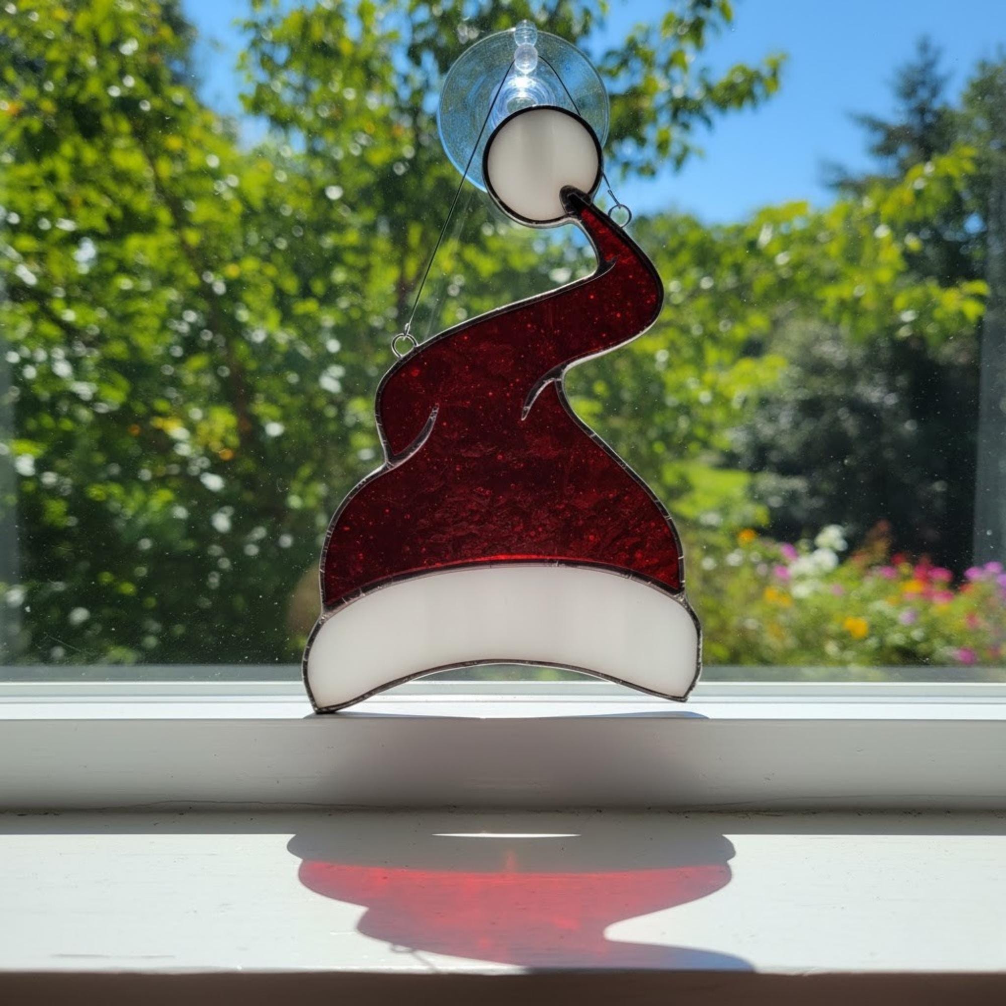 Santa Hat Stained Glass Suncatcher – Handmade Christmas Window Ornament, Holiday Home Decor, Festive Gift, Red and White Glass Art