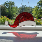 Santa Hat Stained Glass Suncatcher – Handmade Christmas Window Ornament, Holiday Home Decor, Festive Gift, Red and White Glass Art