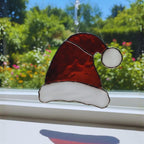 Santa Hat Stained Glass Suncatcher – Handmade Christmas Window Ornament, Holiday Home Decor, Festive Gift, Red and White Glass Art