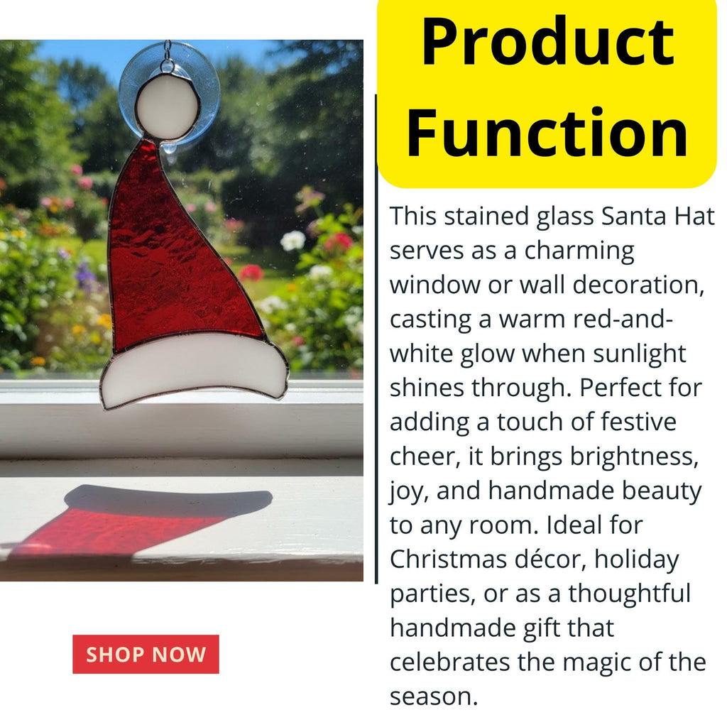 Santa Hat Stained Glass Suncatcher – Handmade Christmas Window Ornament, Holiday Home Decor, Festive Gift, Red and White Glass Art