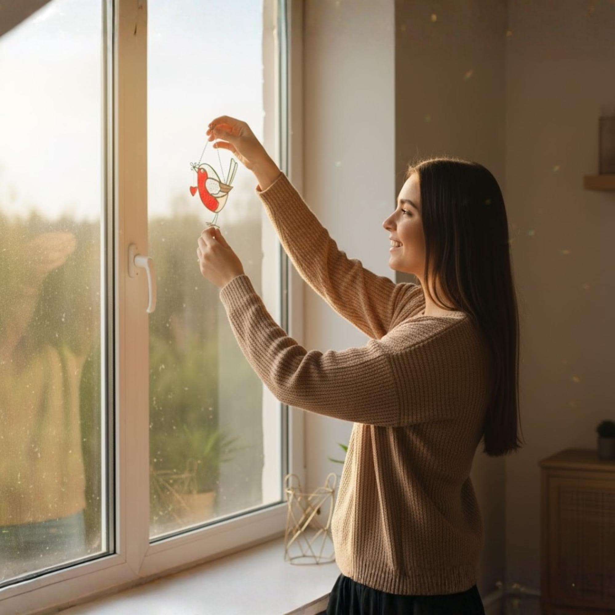 Pair of robin suncatchers on bright window, handmade bird lover gift