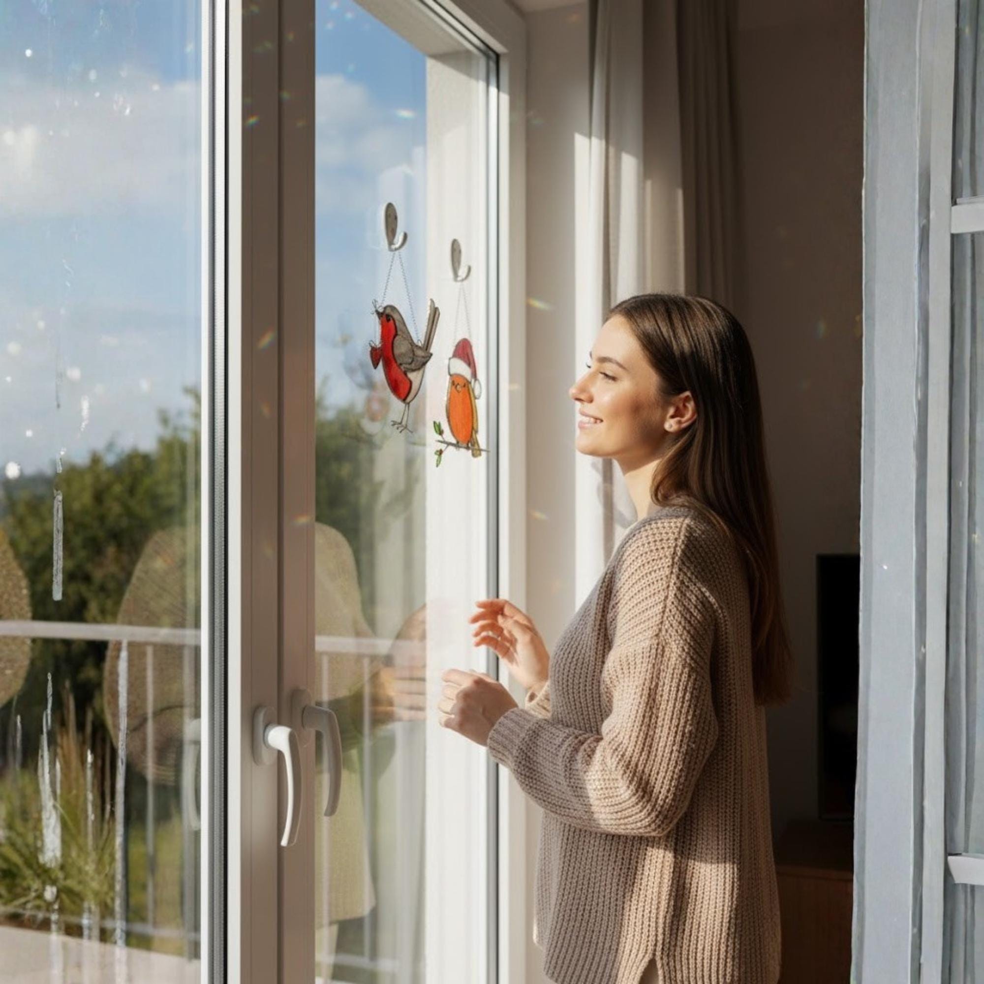 Christmas tree with robin stained glass ornament, festive holiday decor