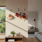 Three bird suncatchers across large window, modern living room decoration