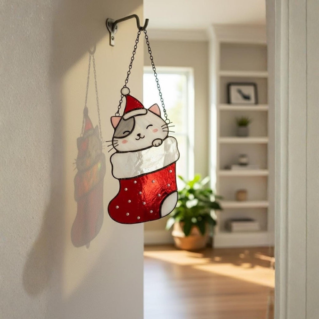 Set of four stained glass Christmas cats in stockings hanging on window, handmade holiday decor.