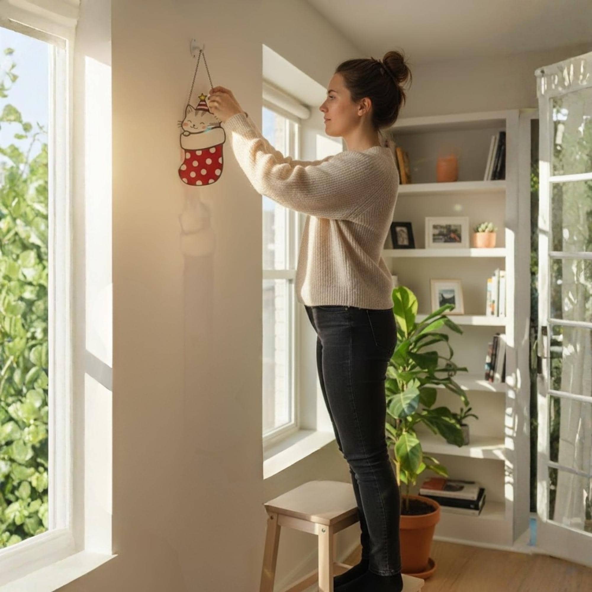 Woman hanging stained glass Christmas cat suncatcher on wall, cozy festive home atmosphere.