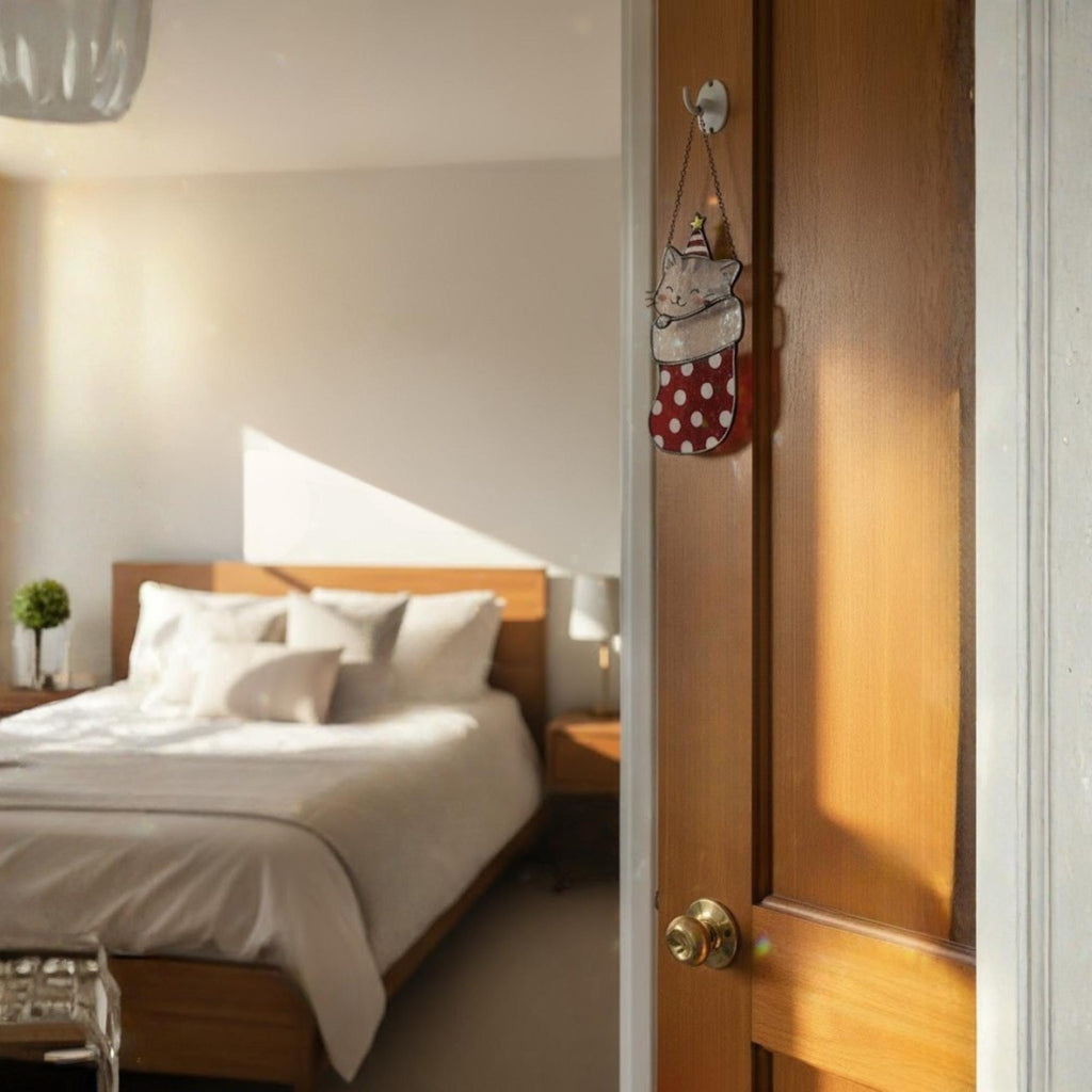 Stained glass cat in red polka-dot stocking hanging near window, handmade Christmas gift.