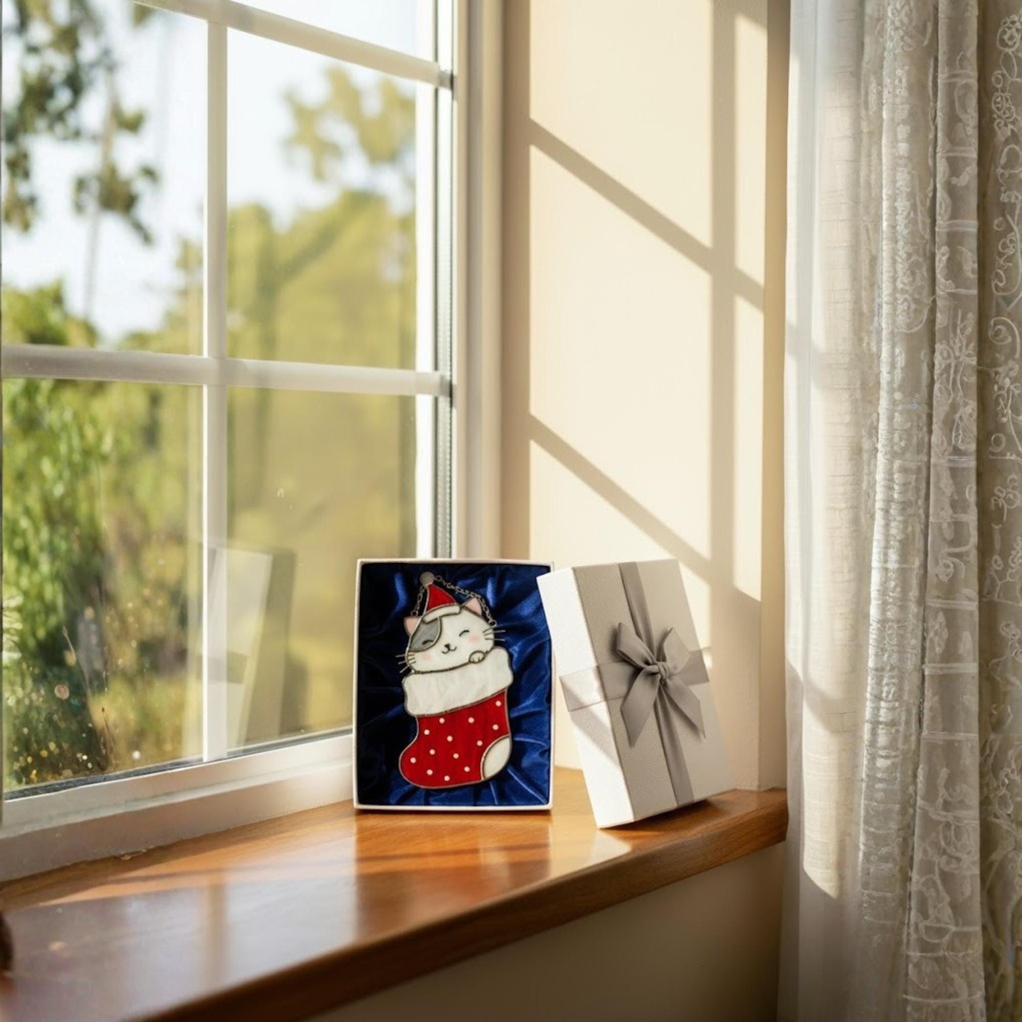 Cat in stocking stained glass art glowing in sunlight, handmade holiday decoration for window.