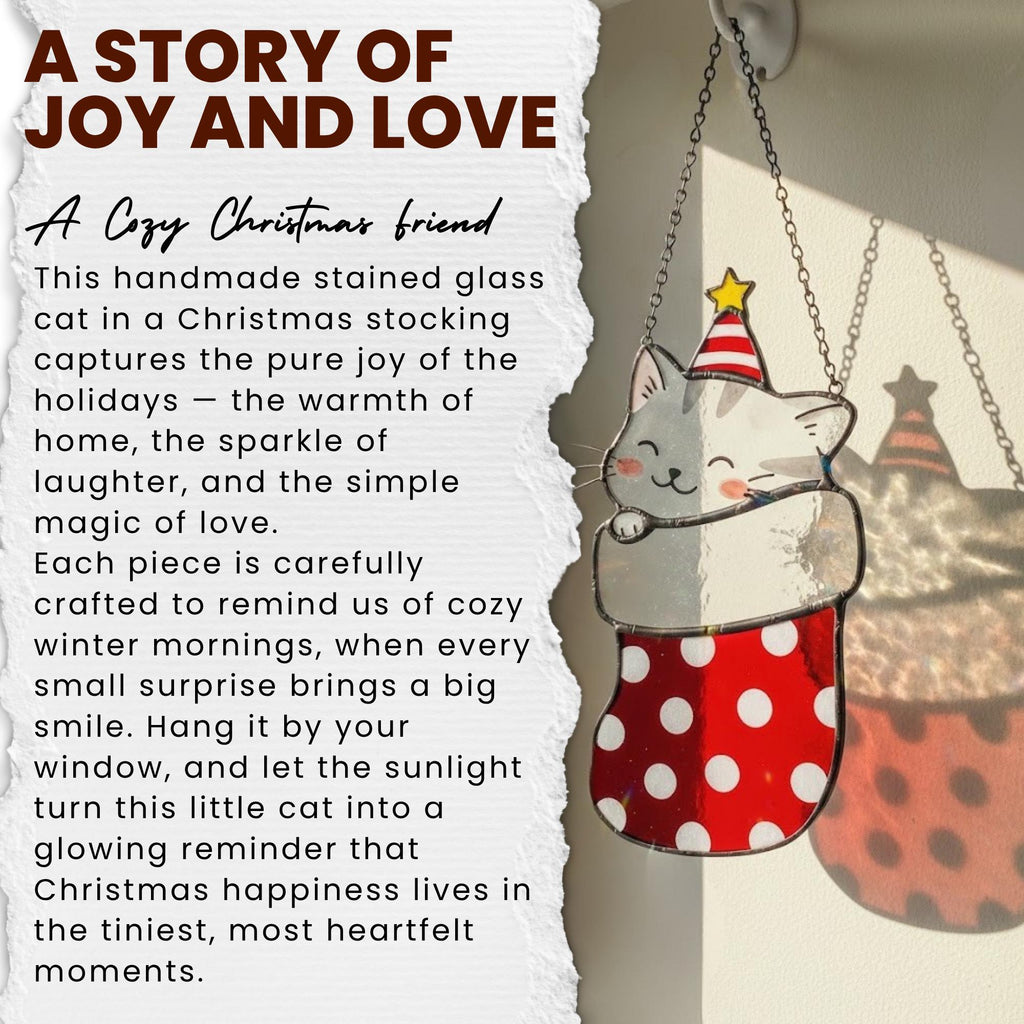 Story of joy and love card beside stained glass cat, cozy handmade Christmas gift inspiration.