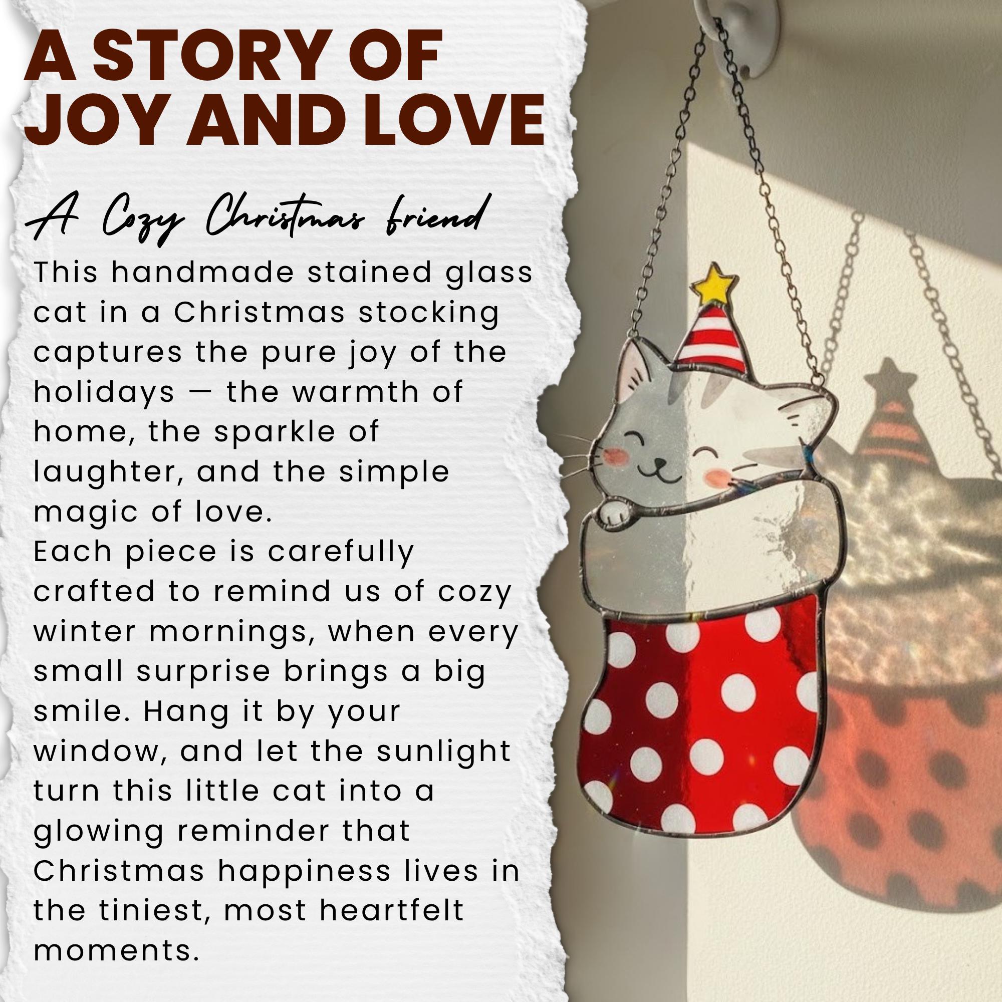 Story of joy and love card beside stained glass cat, cozy handmade Christmas gift inspiration.