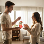 Couple exchanging handmade stained glass Christmas cat ornament as a thoughtful gift.
