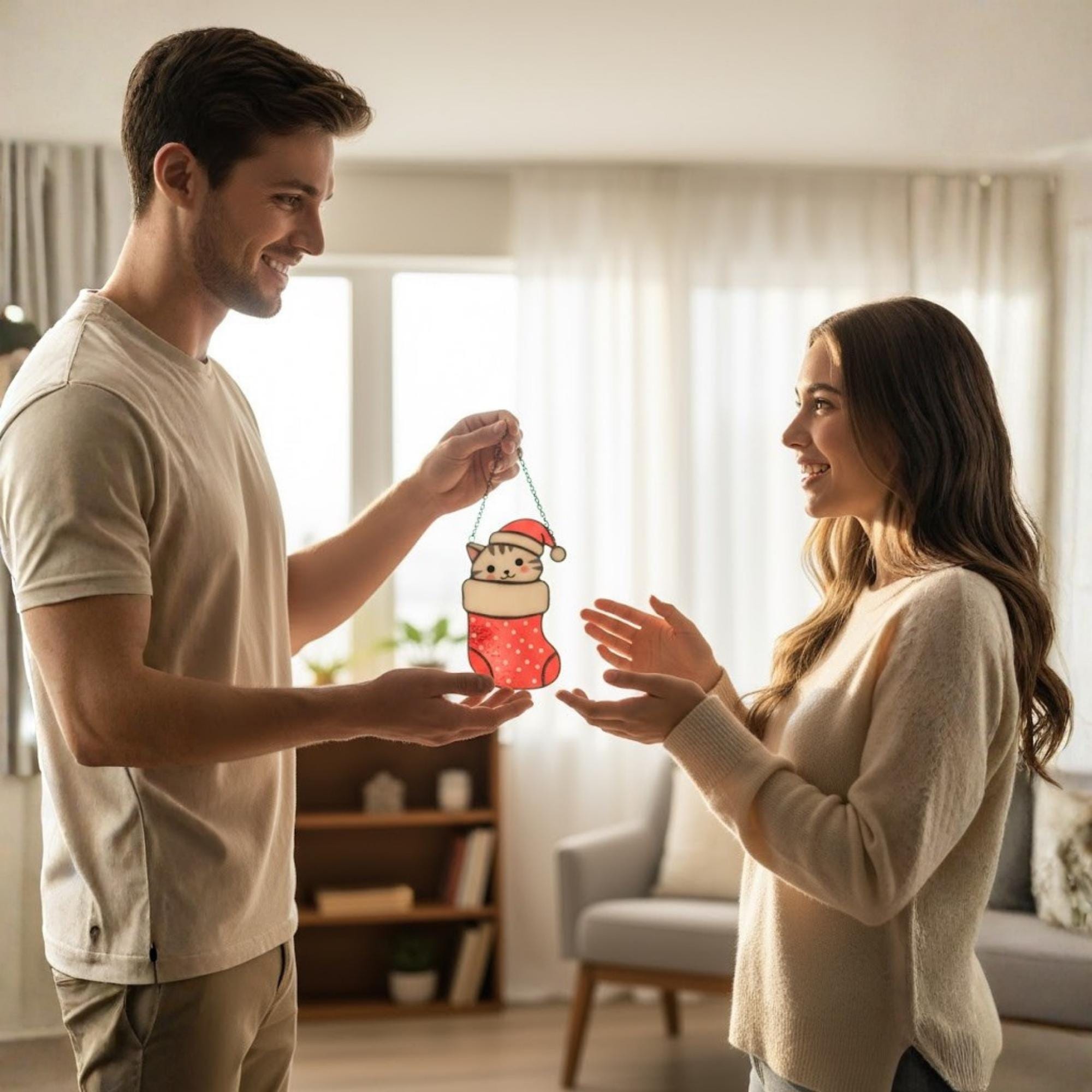 Couple exchanging handmade stained glass Christmas cat ornament as a thoughtful gift.