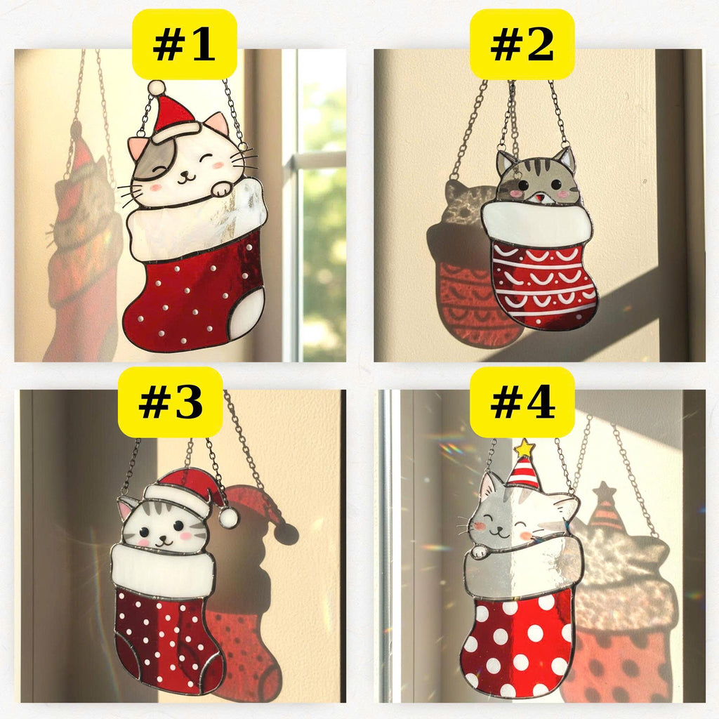 Size chart showing Christmas cat stained glass suncatcher 6.7 inch wide, handmade glass art.