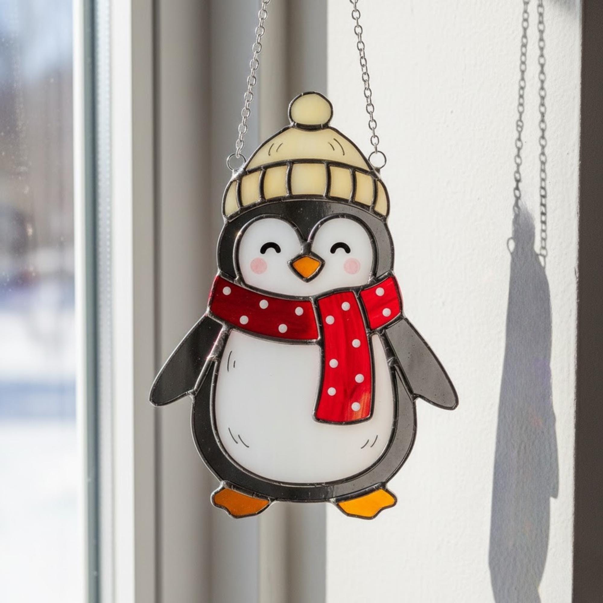 Cute penguin in yellow hat and red scarf, handmade stained glass holiday window ornament.