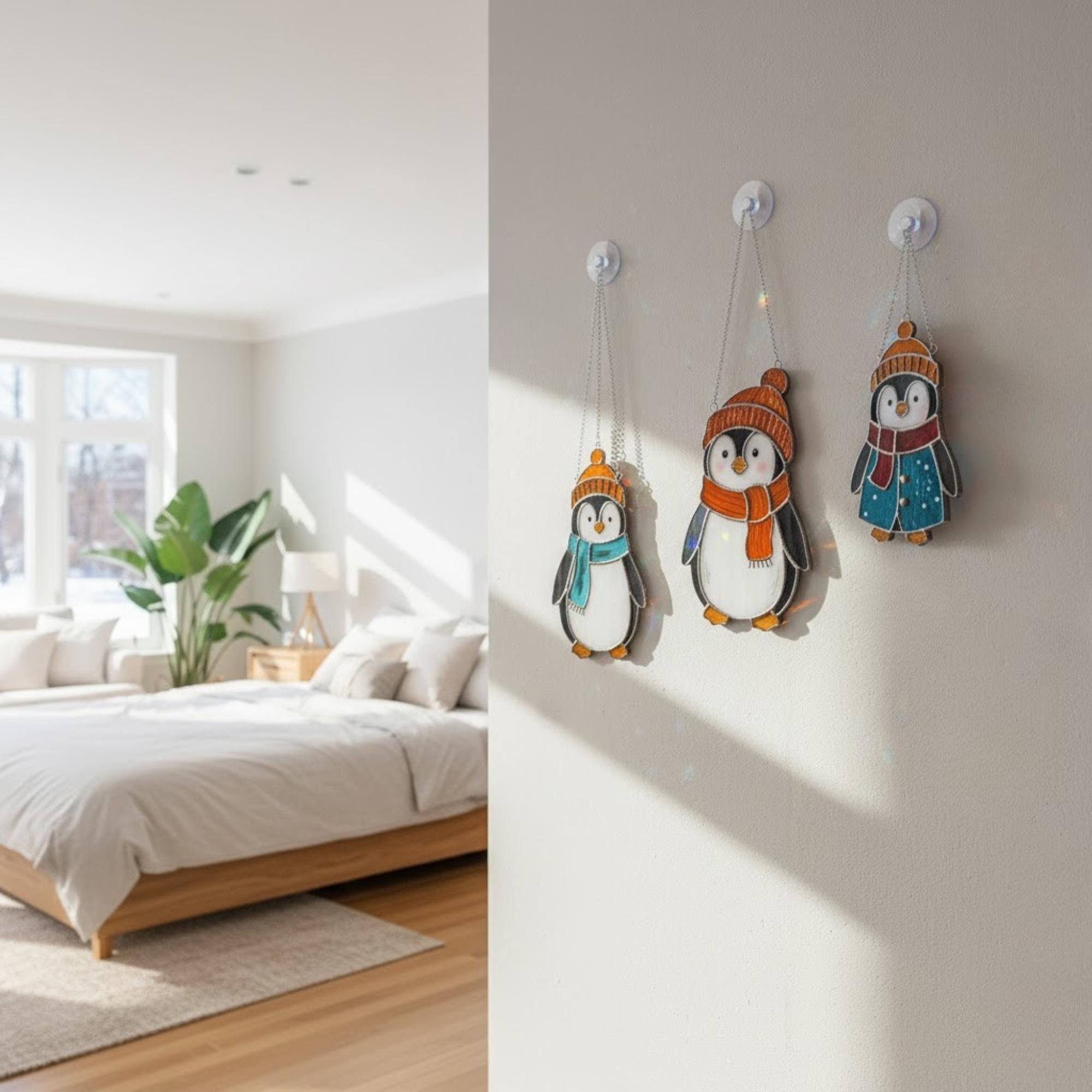 Bedroom window with hanging penguin stained glass decor glowing under sunlight, cozy handmade art.