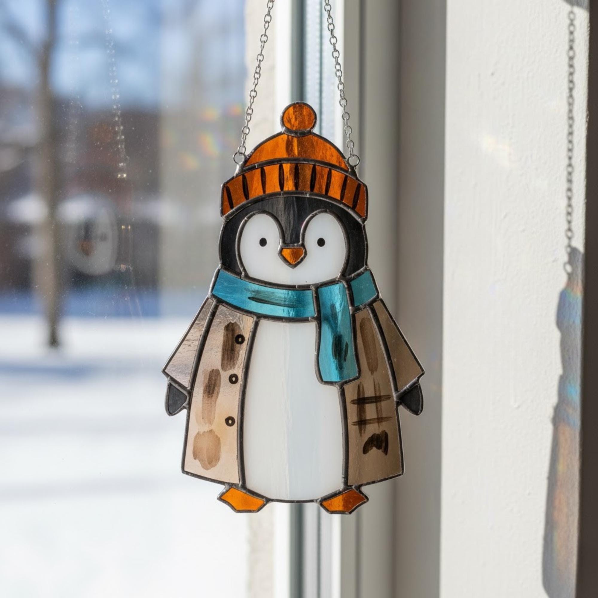 Penguin stained glass suncatcher with blue jacket and raised flippers, joyful handmade home decor.