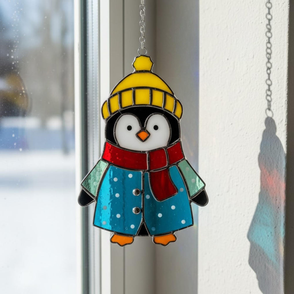 Adorable penguin stained glass art in orange hat and scarf, handmade gift for winter lovers.