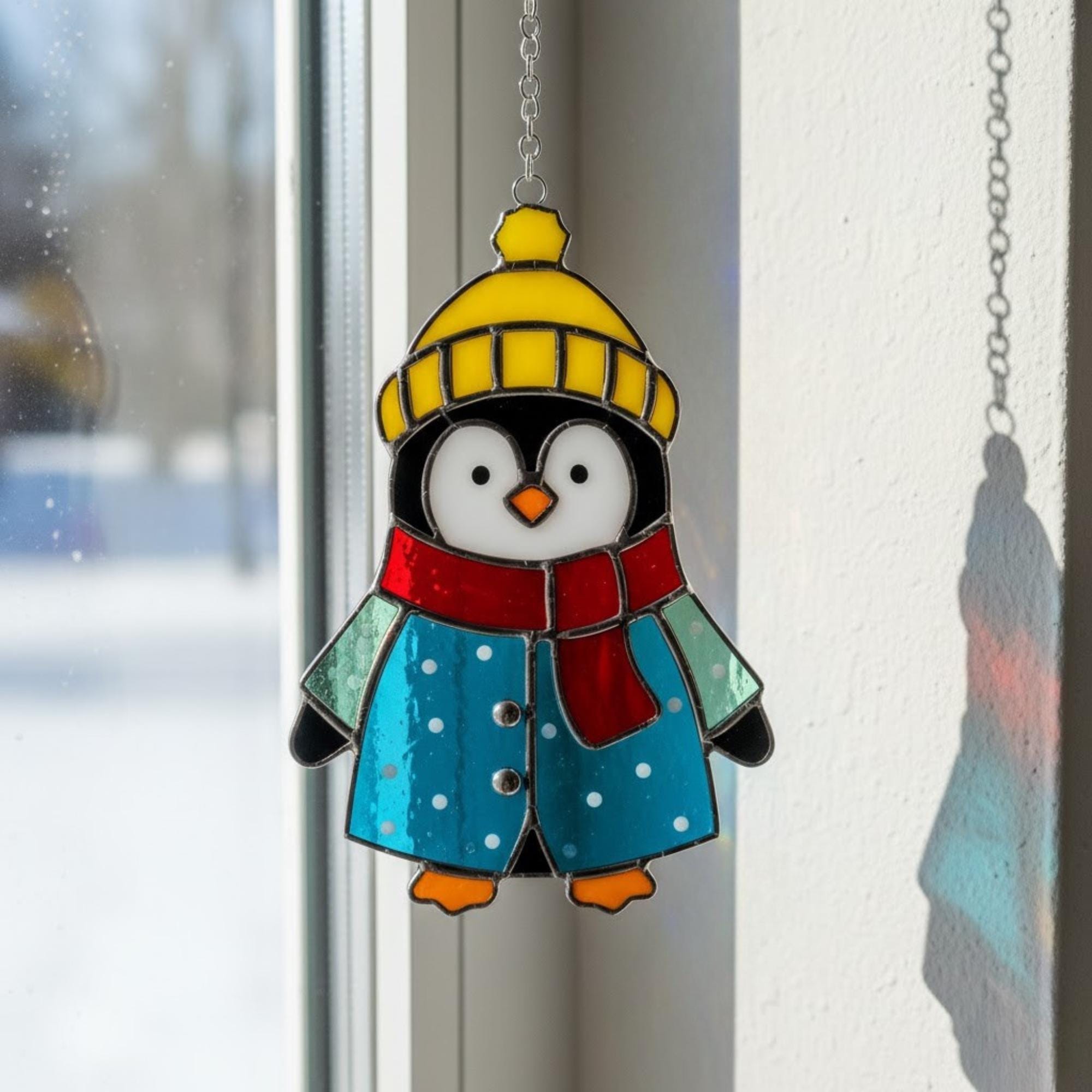 Adorable penguin stained glass art in orange hat and scarf, handmade gift for winter lovers.