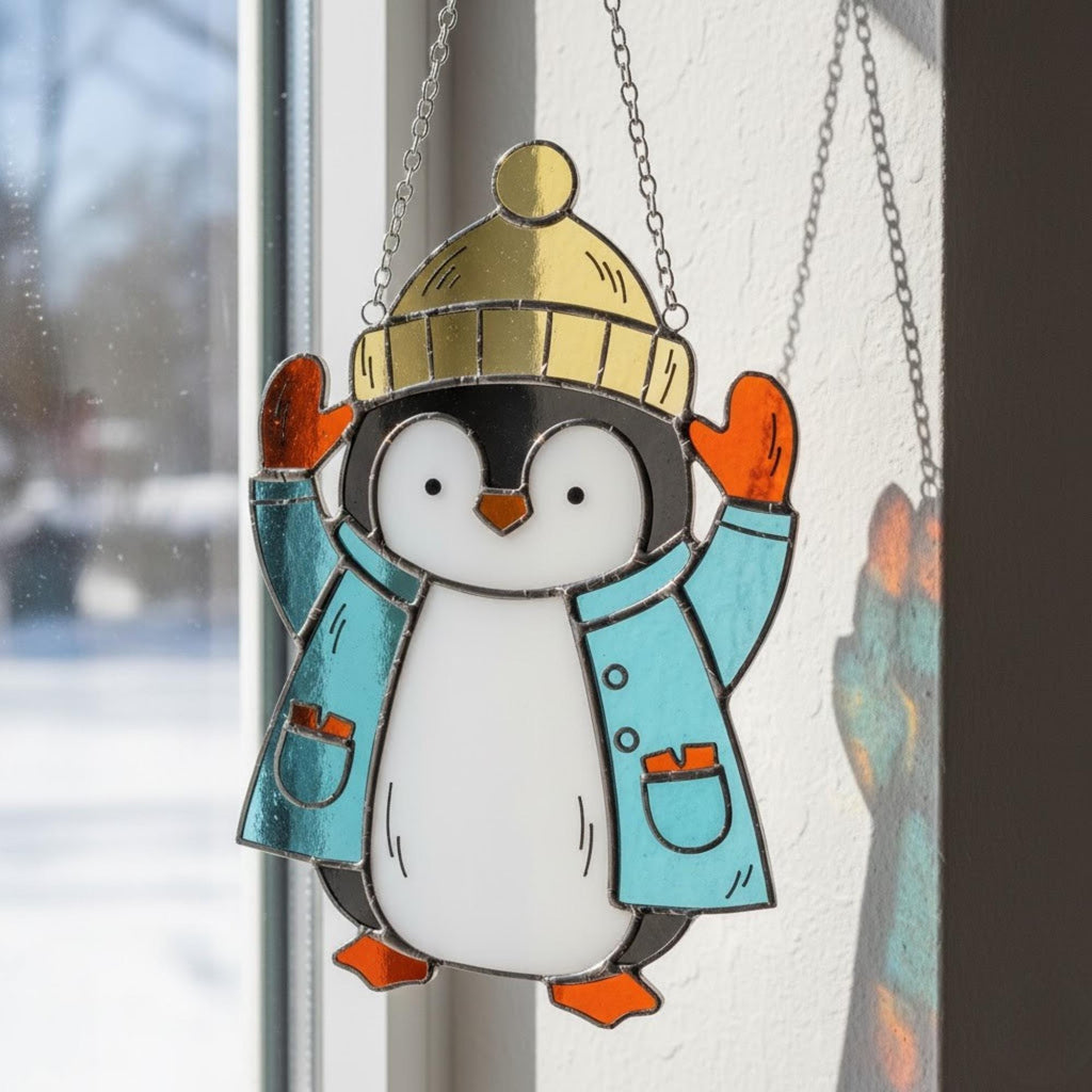 Cute penguin in yellow hat and red scarf, handmade stained glass holiday window ornament.