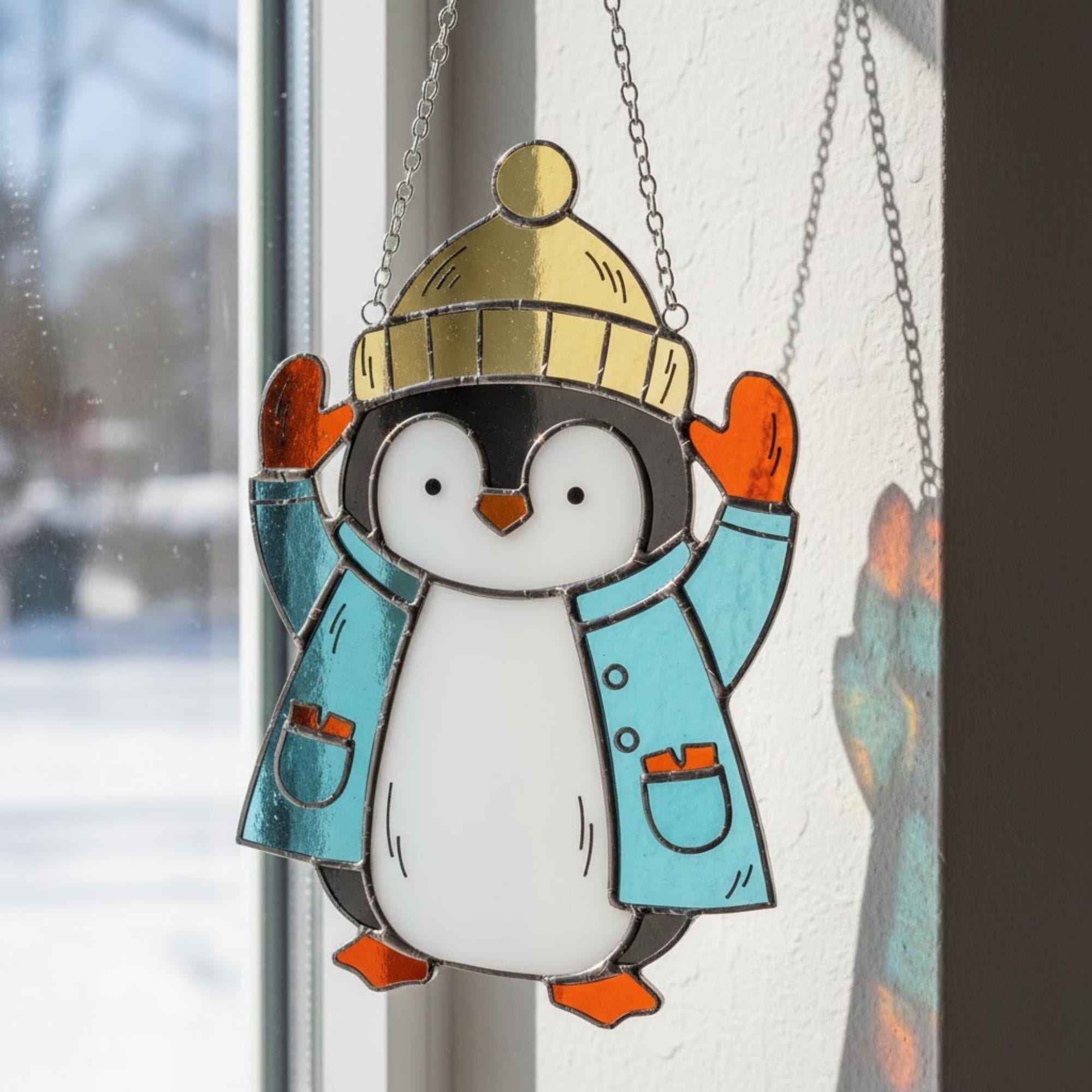 Cute penguin in yellow hat and red scarf, handmade stained glass holiday window ornament.