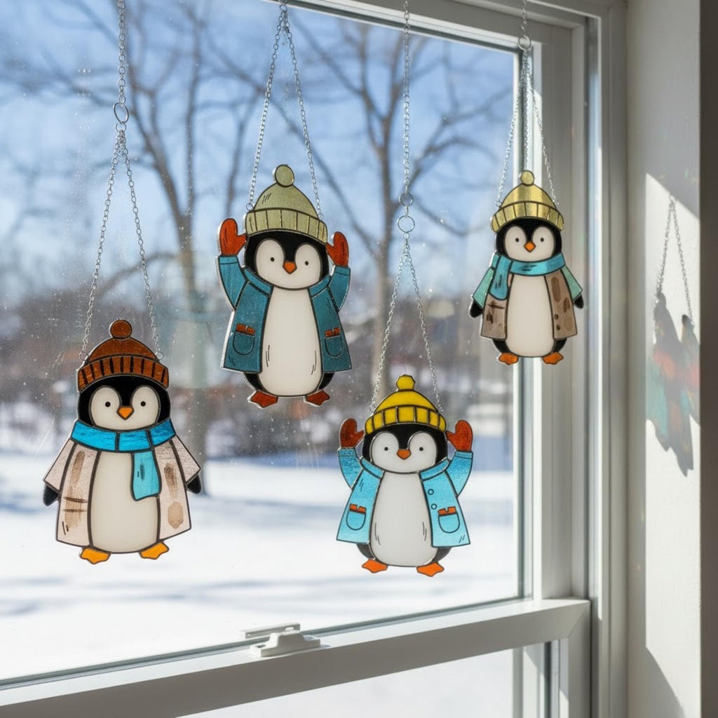 Set of penguin stained glass ornaments with blue and yellow hats, winter themed suncatcher decor.