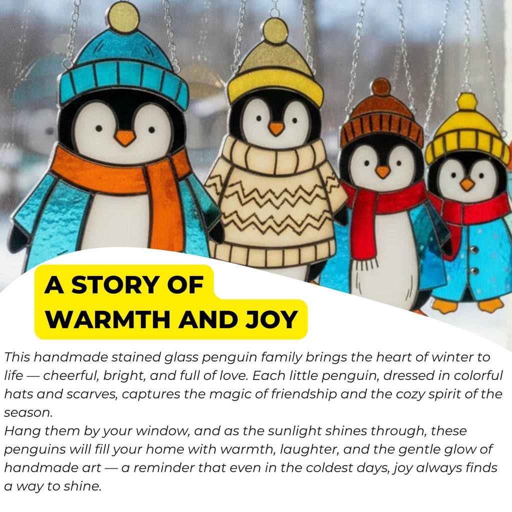 A story of warmth and joy card beside penguin suncatchers, handmade holiday decor and gift inspiration.