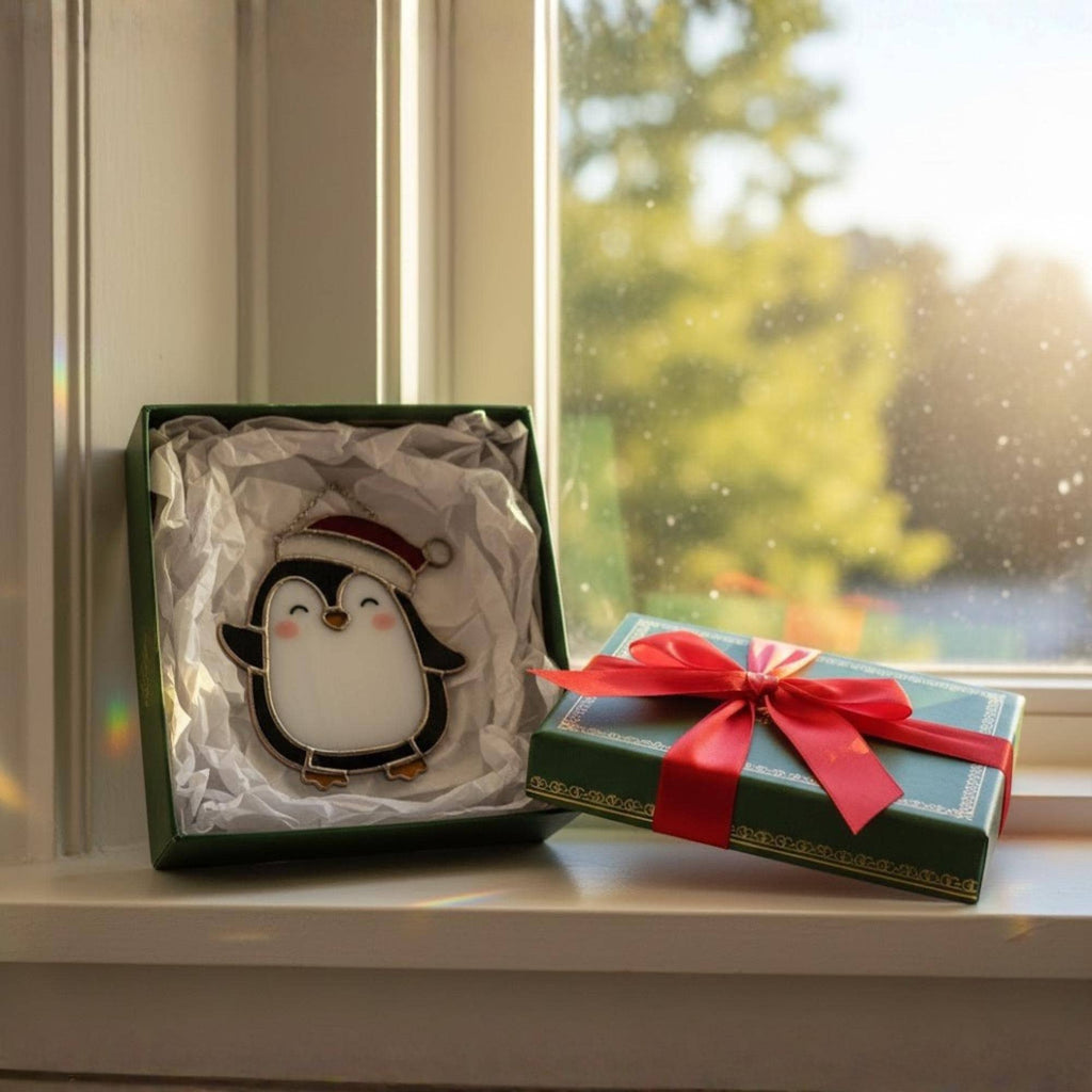 Product video preview of penguin stained glass ornament, window suncatcher shine