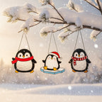 Handmade penguin stained glass suncatchers on window, sunlight sparkle holiday decor