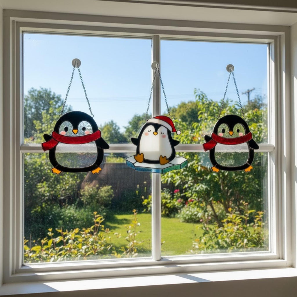 Penguin stained glass ornament on Christmas tree, cozy festive home decor