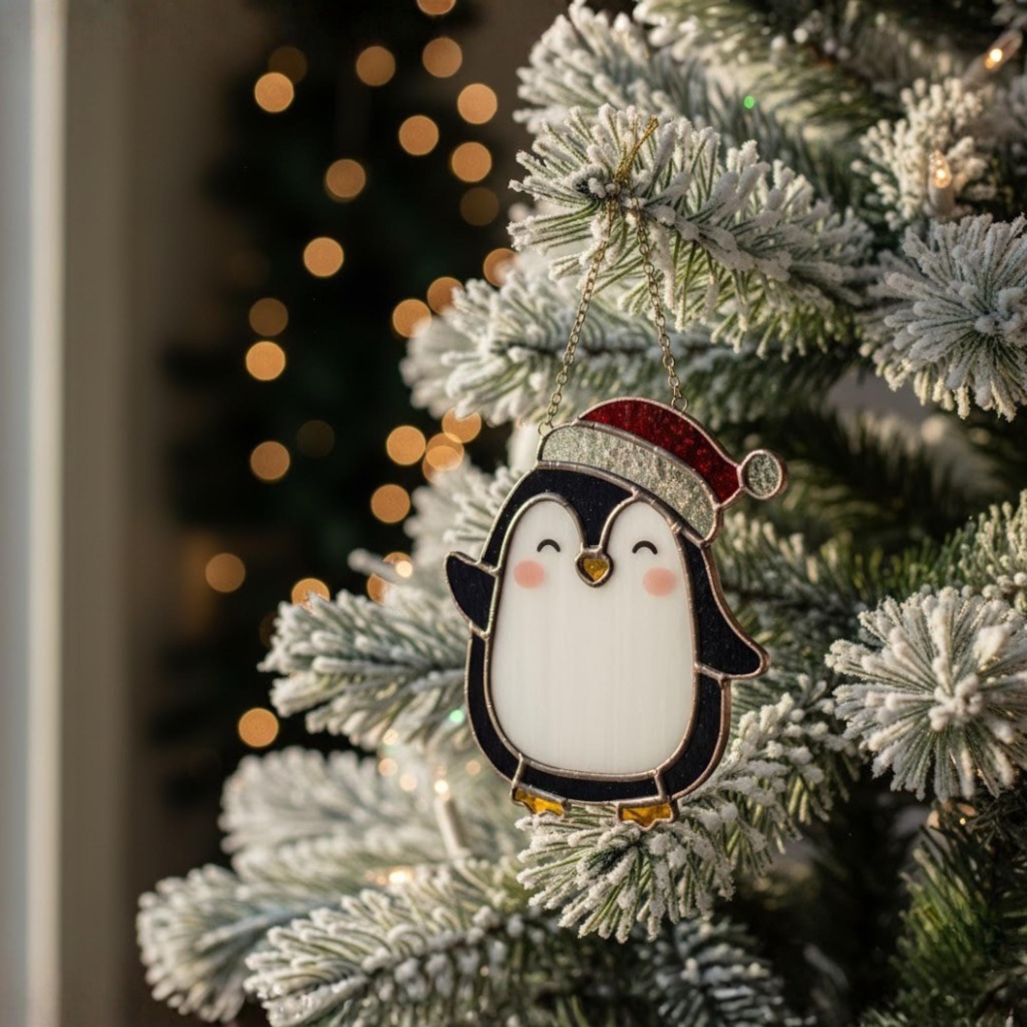 Penguin stained glass ornament hanging on sunny window with rainbow reflections