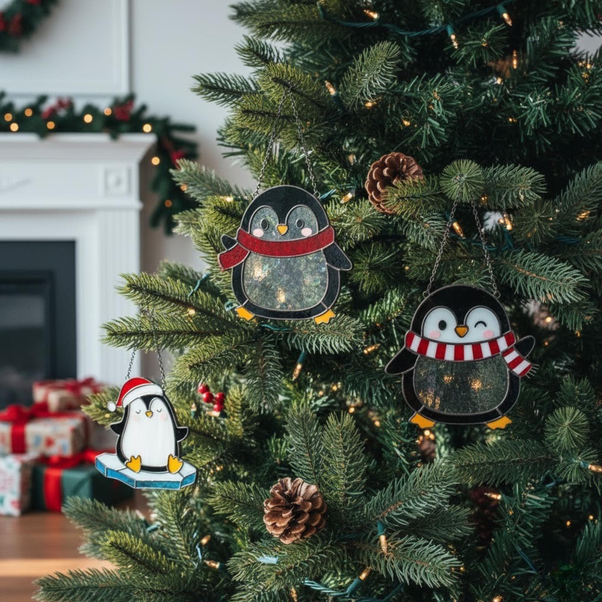 Set of three penguin suncatchers on wall, small to large size options