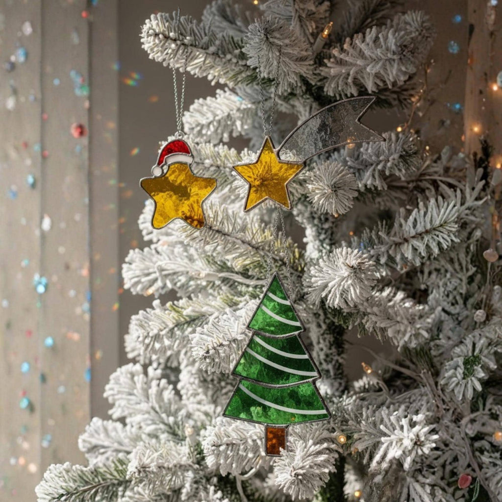 Stained Glass Christmas Tree Ornaments, Handmade Window Suncatcher Decor, Gift Stocking Stuffer, Secret Santa, Winter Holiday Decoration