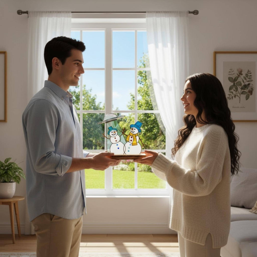 Couple exchanging handmade stained glass snowman ornament – perfect holiday gift idea.