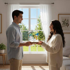 Couple exchanging handmade stained glass snowman ornament – perfect holiday gift idea.