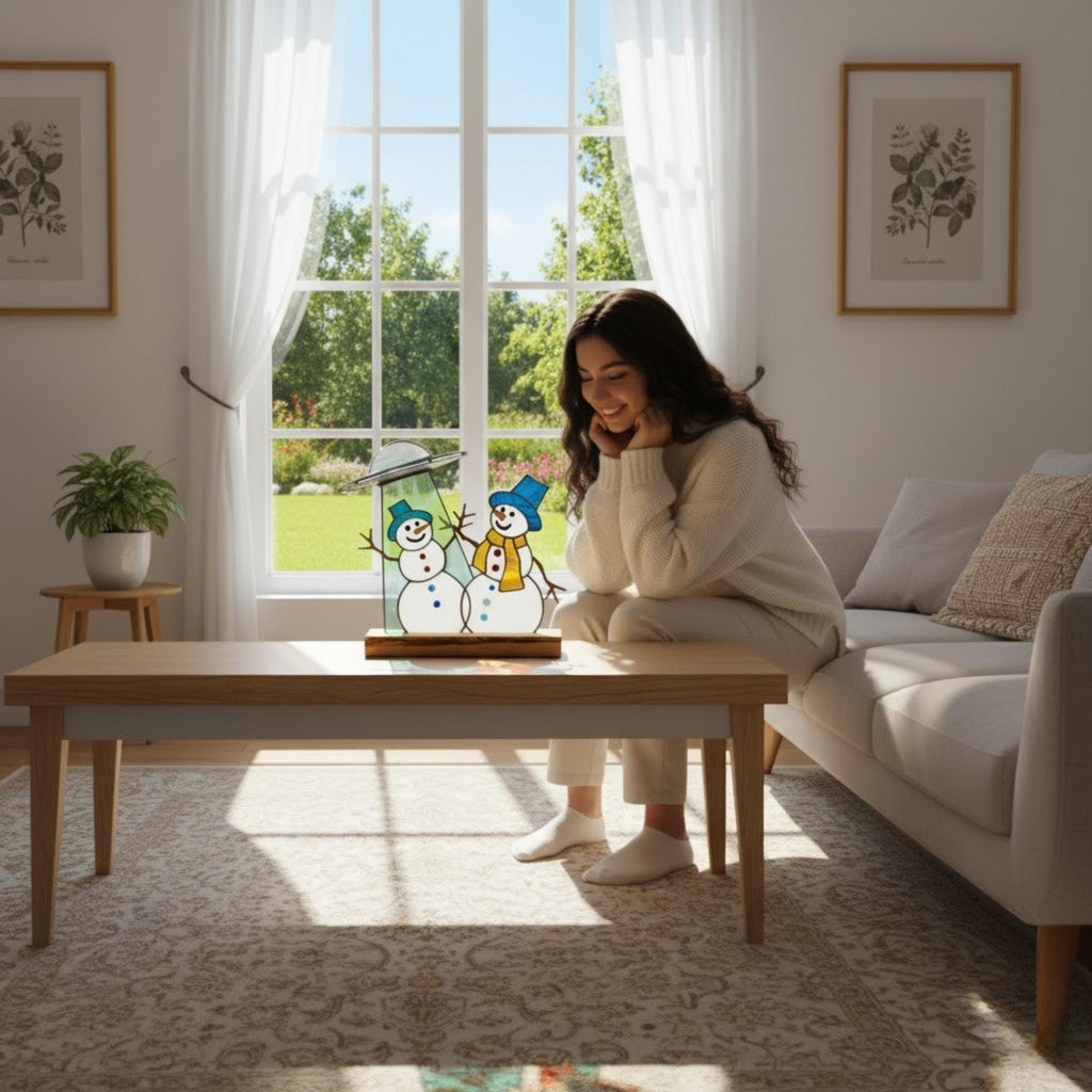 Stained glass UFO snowman suncatcher displayed on window – handmade winter decoration.