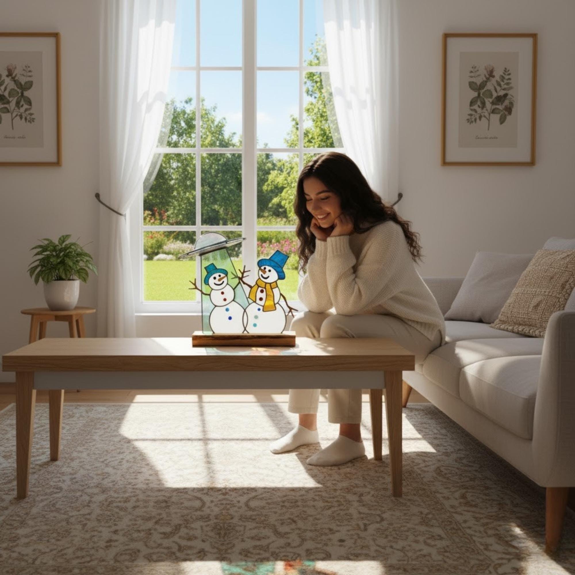 Stained glass UFO snowman suncatcher displayed on window – handmade winter decoration.